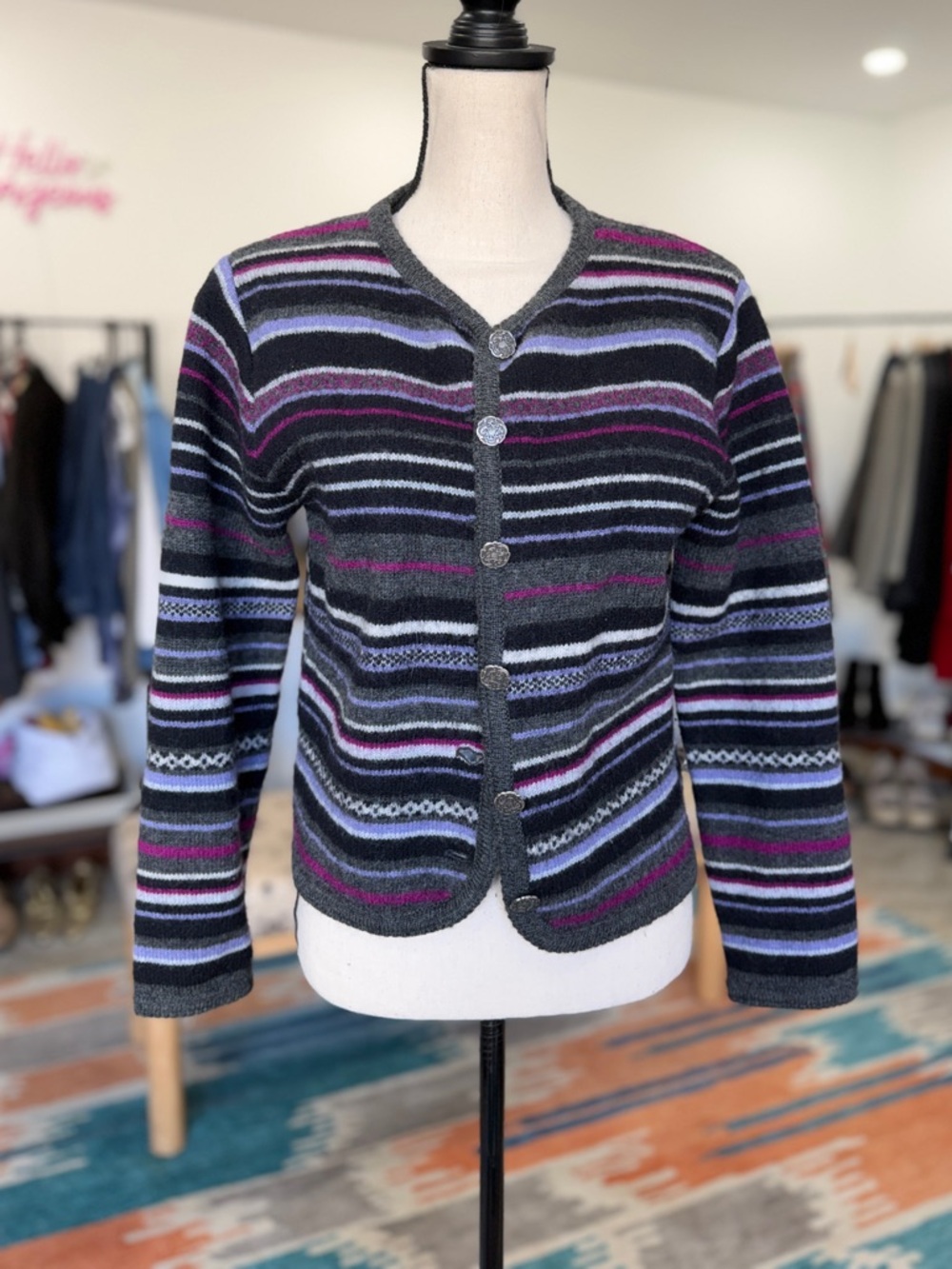 Vintage Tally Ho Multicolor Striped Cardigan 100% Wool